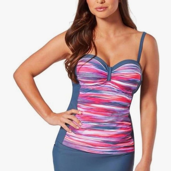 NWT Free Country Bandeau Grey/Pink Dot Stripes Padded Tankini Size Small - Picture 1 of 9